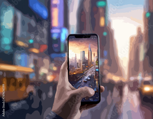 Die Aufnahme auf dem Smartphone zeigt die abendliche Stadt mit einem wunderbaren Sonnenuntergang. KI Vektor - Grafik. Für Kinderbücher, Postkarten, Social Media-Posts.