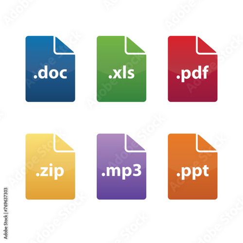 Colorful file icons in various formats doc xls pdf zip mp3.ppt