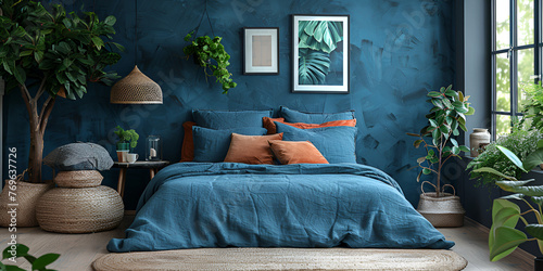 Contemporary Bedroom Interior with Bed Focus On a blue bed and blue brown  pillows and a duvet cover. On top of  Bedroom mock up on the wall with a bed bedding and poster near beautiful plant.