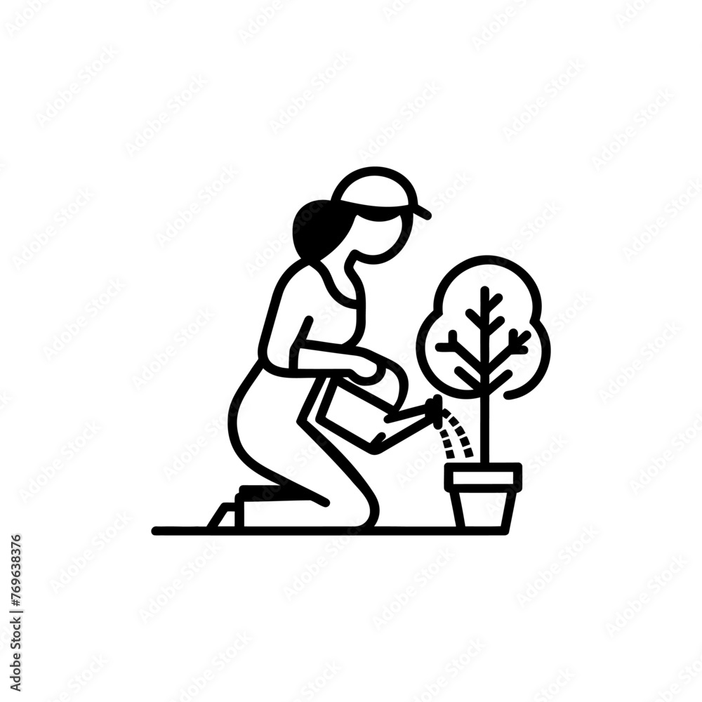 woman waters a plant pot . vector Illustration on white background woman waters a plant pot . vector Illustration on white background