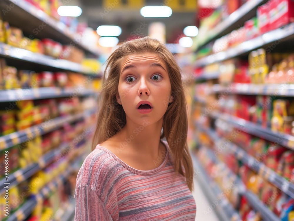 Young woman with an astonished expression in a supermarket.