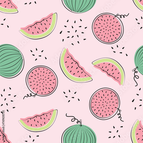Fototapeta Naklejka Na Ścianę i Meble -  Seamless pattern with watermelon fruit in flat design. Fruit flat minimal vector illustration.
