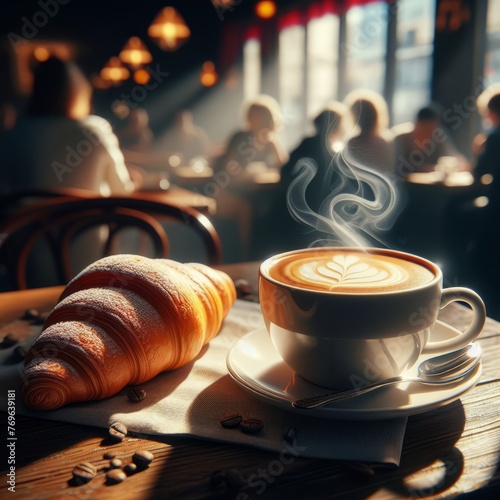 Cup of coffee and a flaky croissant, invitingly arranged on a marble table in a Parisian cafe, bathed in warm morning light, perfect for advertising, editorial, and lifestyle applications.