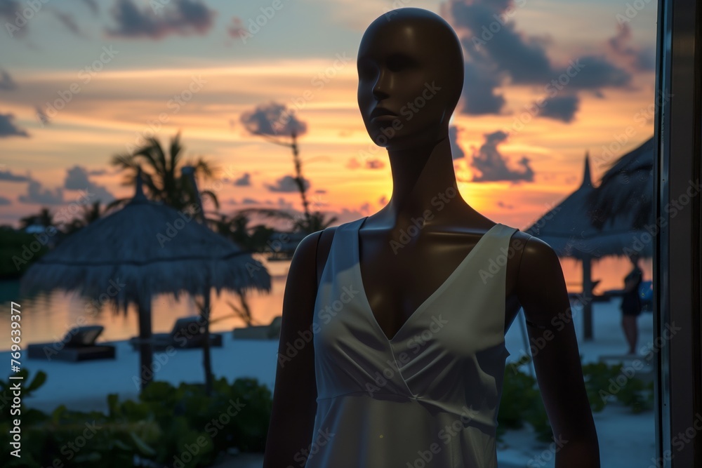Fototapeta premium mannequin in vneck summer dress, sunset beach backdrop