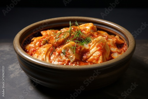 Refined kimchi in a clay dish against a polished cement background