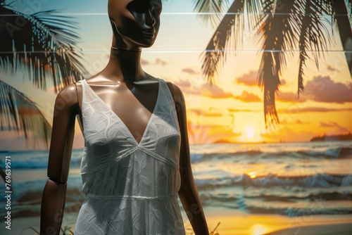 mannequin in vneck summer dress, sunset beach backdrop photo