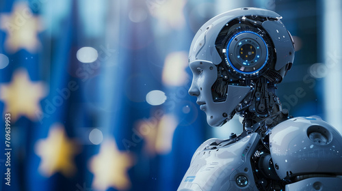 AI robot standing next to an european flag. AI Generated