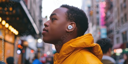 A person wearing wireless earbuds while listening to music. 