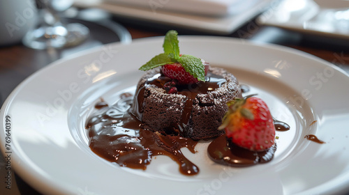 A rich chocolate lava cake oozing with molten goodness, plated elegantly.