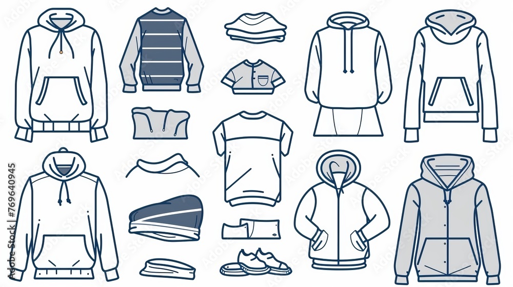 A set of clothing line icons, including sweatshirts, hoodies, and more, visualized in outline signs for fashion apparel A set of clothing line icons, including sweatshirts, hoodies, and more, visualized in outline signs for fashion apparel