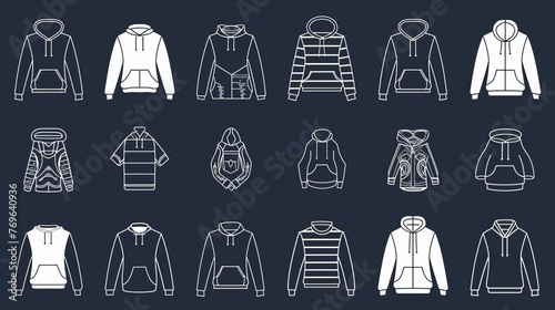 A set of clothing line icons, including sweatshirts, hoodies, and more, visualized in outline signs for fashion apparel photo