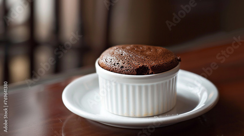 A tempting chocolate souffl?(C) rising elegantly in a ramekin, destined for indulgence.