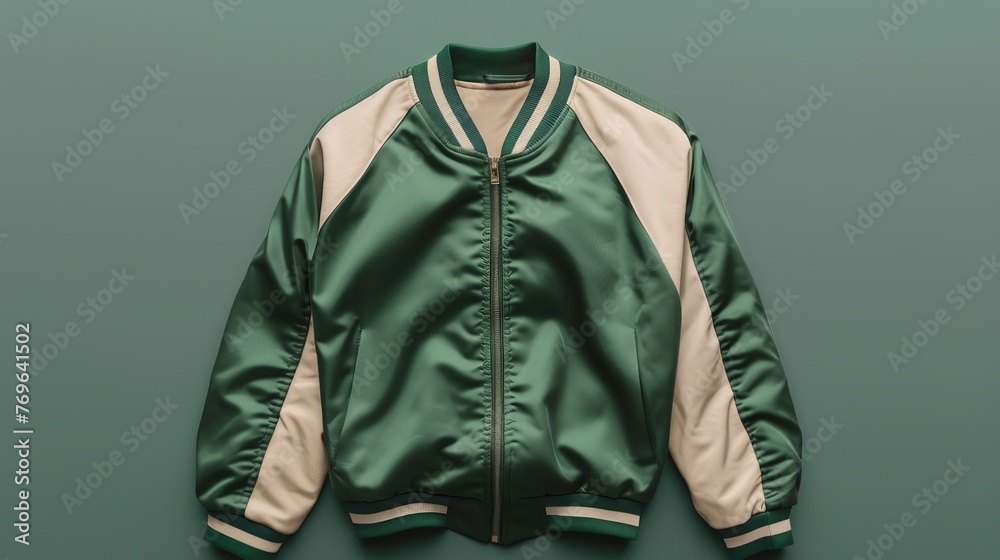 A varsity jacket mockup in army green and beige, designed with a simple, modern, minimalist style for commercial use A varsity jacket mockup in army green and beige, designed with a simple, modern, minimalist style for commercial use