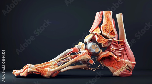 Highly detailed anatomical model of a human foot showcasing muscles and tendons on a neutral background,ai generated photo