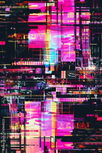 Digital glitch pattern, with distorted lines and a vibrant palette of neon colors against a dark background, capturing the aesthetic of digital art and cyberpunk created with Generative AI Technology
