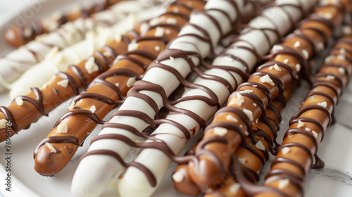 Chocolate-dipped pretzel rods drizzled with white chocolate, a delightful contrast.