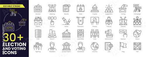 Election and voting Editable Stroke icon set. Containing democracy, vote, government, voting, campaign, political, ballot, candidate and president icons. Editable Outline icons vector collection