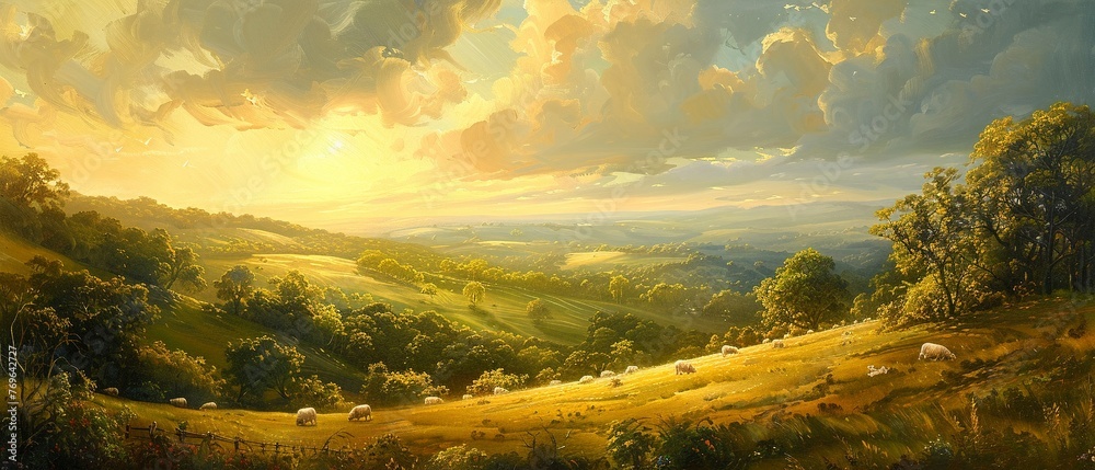 Rolling hills, oil painting texture, sheep dotted, warm afternoon glow, wide view.