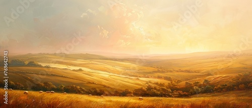 Rolling hills, oil painting texture, sheep dotted, warm afternoon glow, wide view.