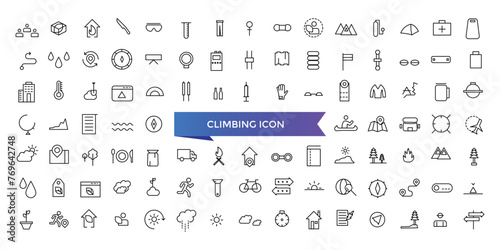 Climbing icon collection. climb, mountains, hiking, ladder, rope, alpinist, climber and more. Line vector icons set.