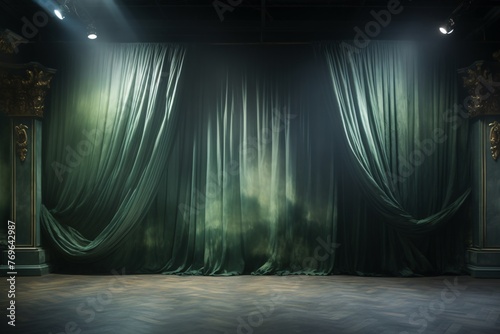 a stage with green curtains