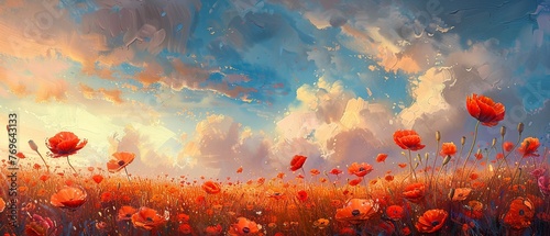 Poppy field, oil painting effect, late afternoon, vibrant colors, low angle view.