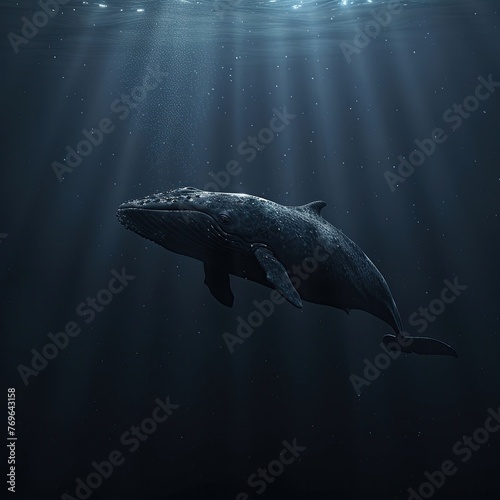 Gentle blue whale in deep  side view  serene ocean background  dim light  professional color grading soft shadowns  no contrast  clean sharp clean sharp focus  digital photography 