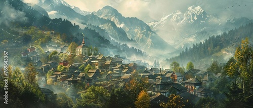 Mountain village, oil painting effect, locals gathering, morning mist, medium shot. photo
