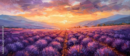 Lavender fields  oil painting texture  sunset hues  gentle breeze  panoramic angle.