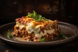 Exquisite lasagna in a clay dish against a rusted iron background