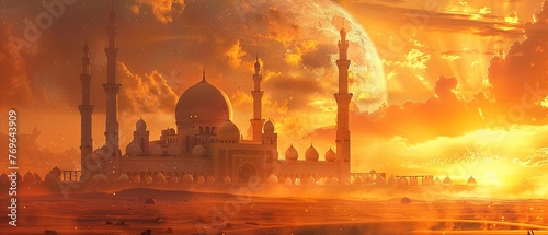 Grand mosque, oil painted, intricate minarets, golden hour, medium focal length. photo