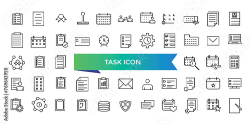 Task icon collection. Containing project, job, workflow, clipboard, office multitasking, assignment. Line vector icons set.