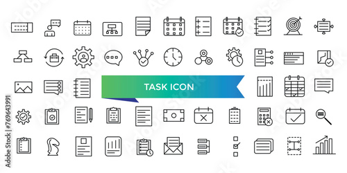 Task icon collection. Containing project, job, workflow, clipboard, office multitasking, assignment. Line vector icons set.