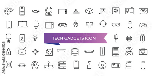 Tech gadgets icon collection. smartphone, laptop, tablet, smartwatch, drone, headphones, digital camera, gaming console and more. Line vector icons