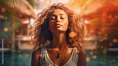 Maditation. Beautiful happy woman with eyes closed on amazing beach, wind playing with hair. Breathing deep, dreaming. Enjoy life, feel freedom. Summer vacation concept