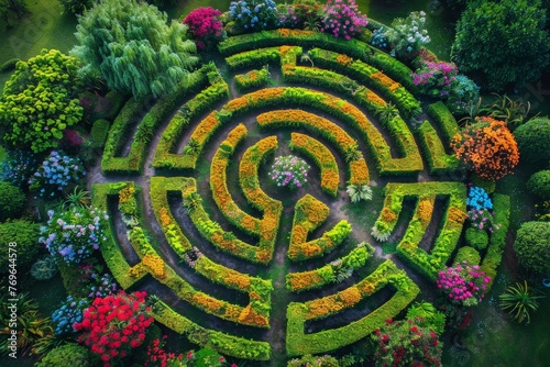 A birds eye view of a garden maze with circular pathways filled with vibrant flowers in full bloom, creating a mesmerizing and enchanting landscape