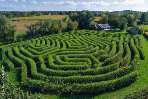 A sprawling corn maze stretches across a vast field, twisting and turning invitingly as it challenges any who dare enter to find their way out