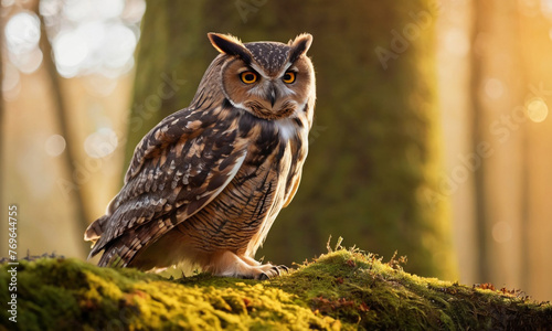 Owl perched on a mossy log in a forest, bathed in the golden light of sunset. The serene and calm atmosphere is enhanced by the soft lighting.