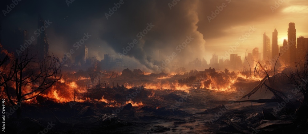 A fire blazes in the heart of a bustling city, engulfing buildings in flames and sending thick plumes of smoke into the air. Firefighters rush to the scene to battle the inferno as residents evacuate A fire blazes in the heart of a bustling city, engulfing buildings in flames and sending thick plumes of smoke into the air. Firefighters rush to the scene to battle the inferno as residents evacuate