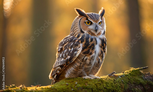Owl perched on a mossy log in a forest, bathed in the golden light of sunset. The serene and calm atmosphere is enhanced by the soft lighting.