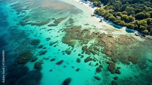 Aerial view of a secluded tropical beach, Island with rocky formations, palm trees and clear aquamarine waters. © artisttop