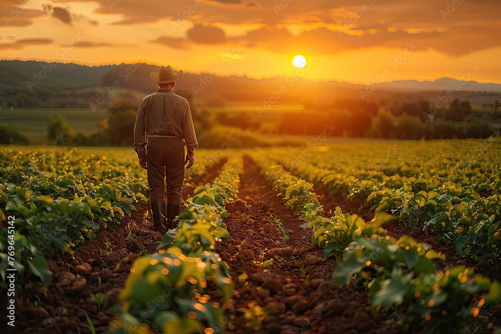  A diligent farmer tilling the rich earth of his bountiful fields at sunrise.  - obrazy, fototapety, plakaty 
