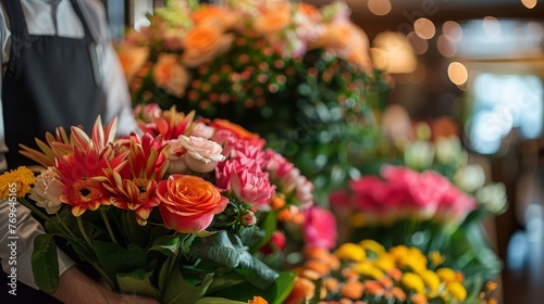 Close-up of a concierge arranging fresh flowers in the lobby, creating a welcoming atmosphere in hospitality business establishments.