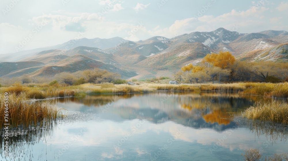 Tranquil lake with reflective waters amid grassy banks