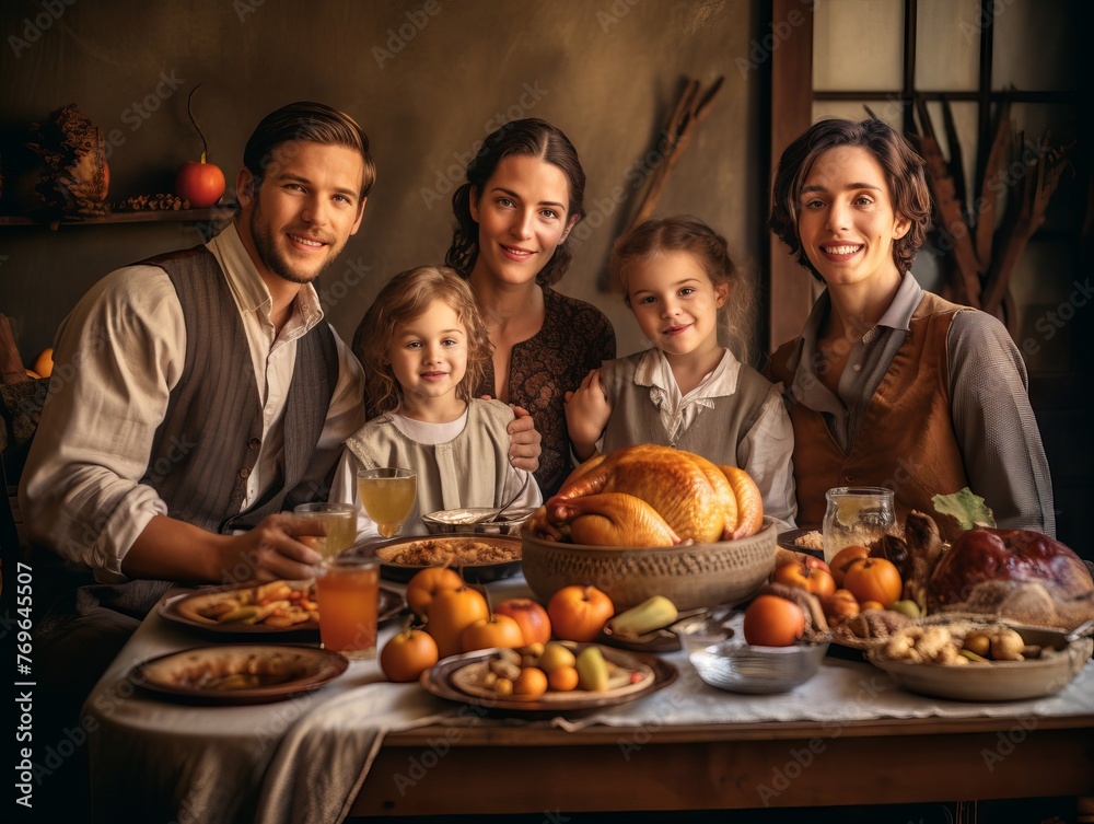 family at home sits at the Thanksgiving table 