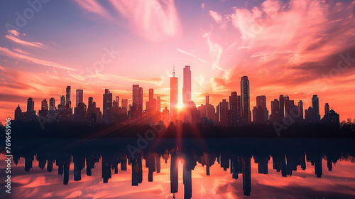 Majestic Urban Silhouette  City Skyline Glimmering in Sunset Glow