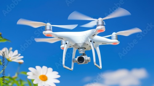 A white remote-controlled drone gracefully floats above a vibrant field of blooming flowers, blending man-made innovation with the beauty of the natural world
