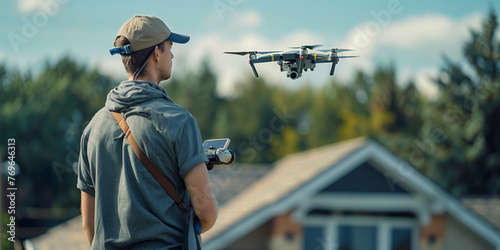 A young man operating flying drone, a male operator worker flying a drone over the houses