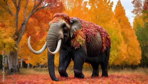 A Mammoth Covered In Autumn Leaves Blending Into Upscaled