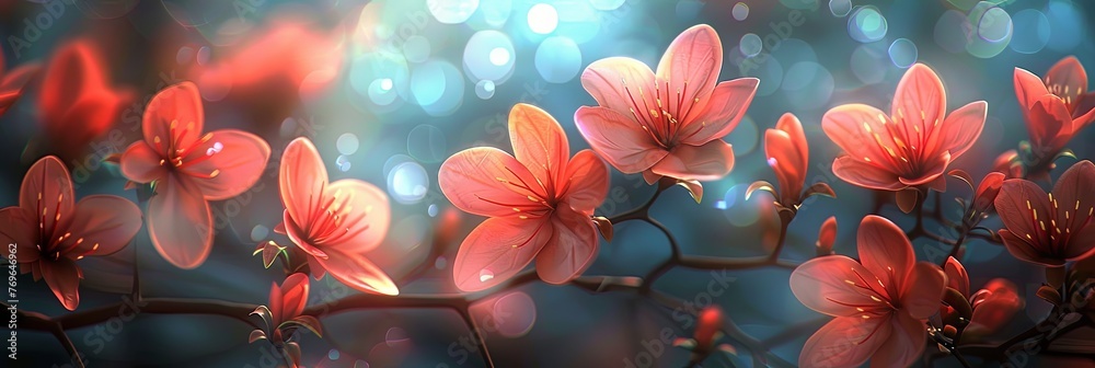 A breathtaking close-up view of a vibrant flower blooming gracefully on a tree branch, accentuated by glistening dew drops A breathtaking close-up view of a vibrant flower blooming gracefully on a tree branch, accentuated by glistening dew drops